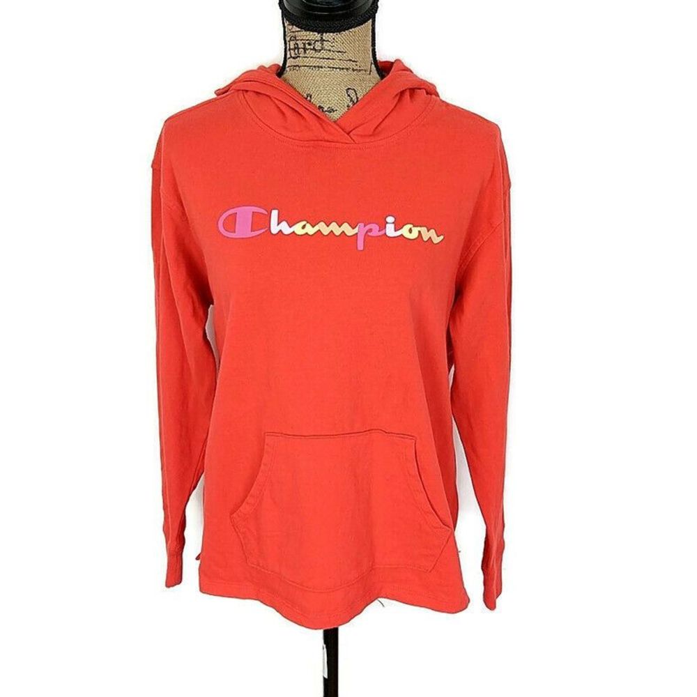 Champion Womensβ sz M Hoodie Sweatshirt Solid Red w/ Multicolor Spellout Logo